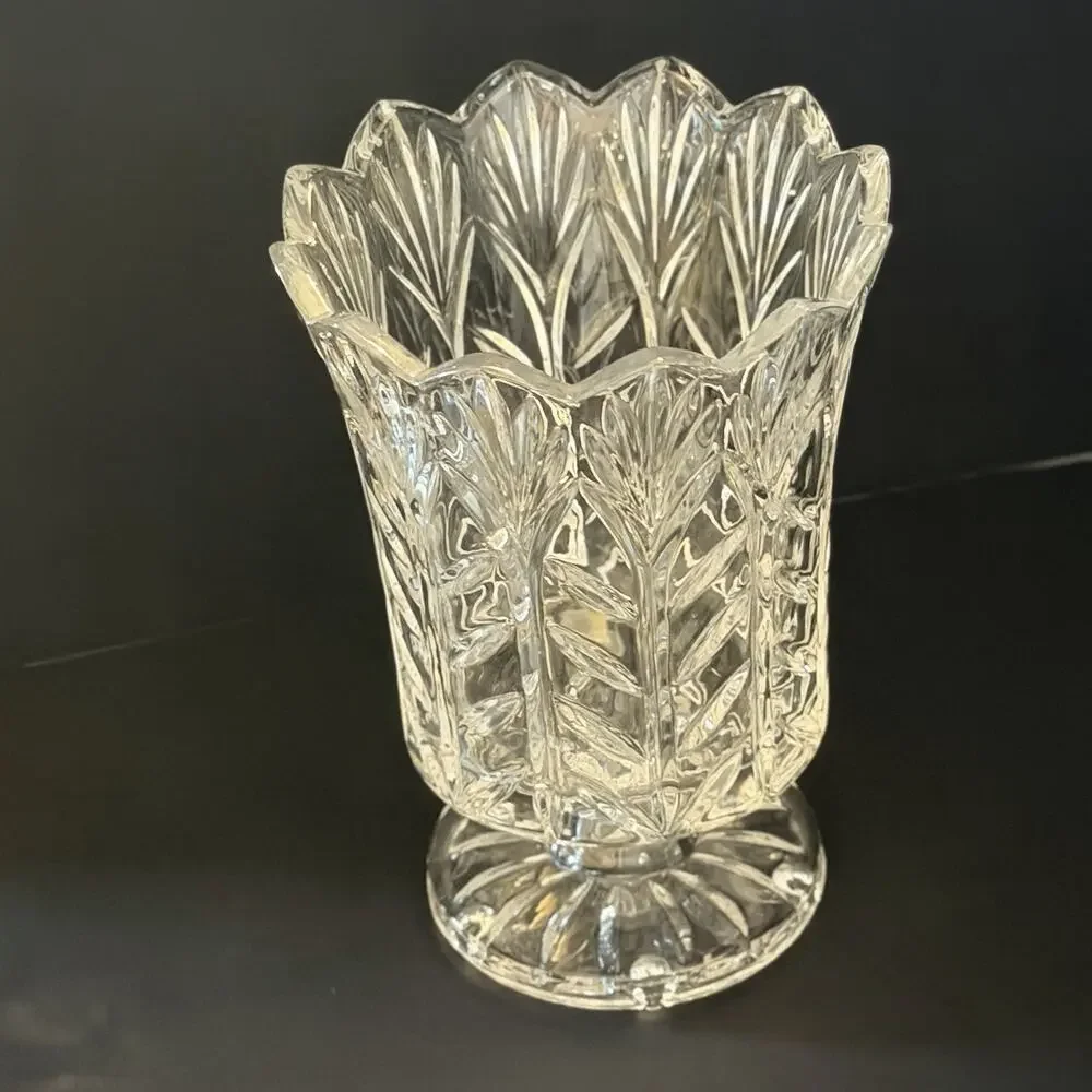 Pair Fifth Avenue Portico Crystal Hurricane Candle Holder Vases 7.5